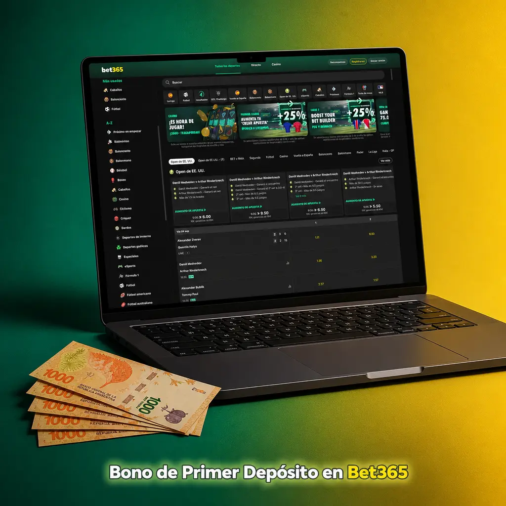Bono de bienvenida Bet365: 100% hasta ARS 100.000 más 500 giros gratis en tu primer depósito