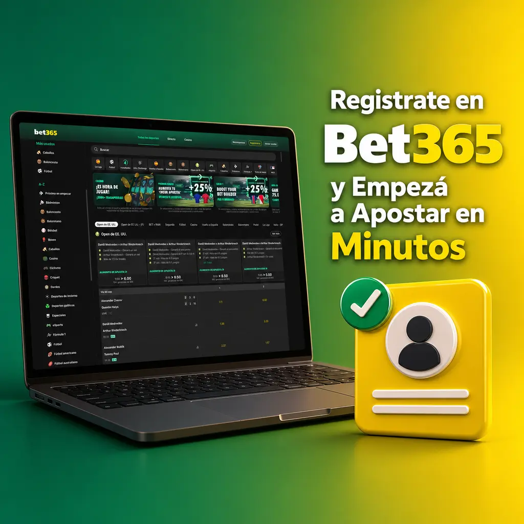 Formulario de registro de Bet365 con pasos para crear cuenta, verificar DNI, depositar dinero y empezar a apostar.