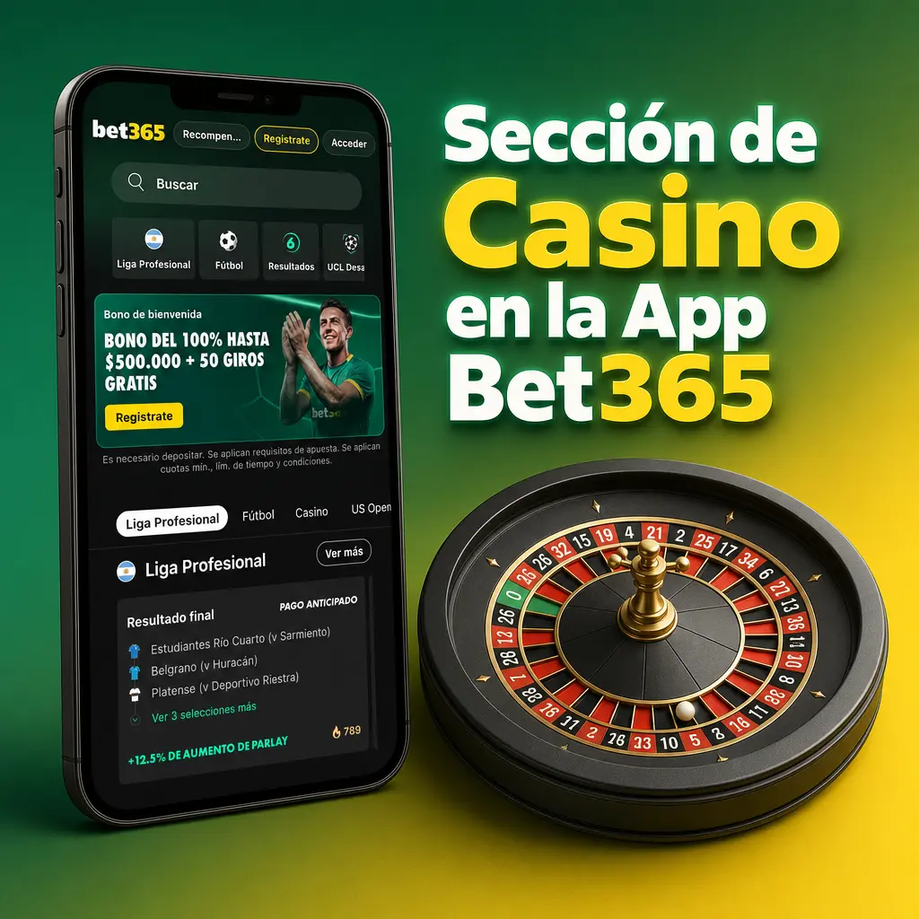 Sección de casino en la app Bet365 con categorías de juegos, filtros por proveedor y tragamonedas disponibles