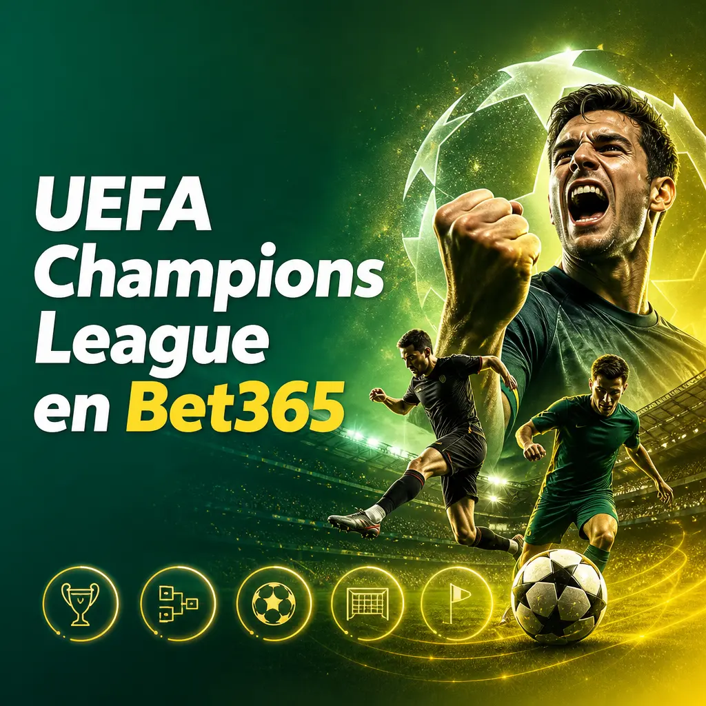 Logo de la UEFA Champions League en Bet365 con mercados de apuestas en vivo como ganador, marcador exacto y córners.